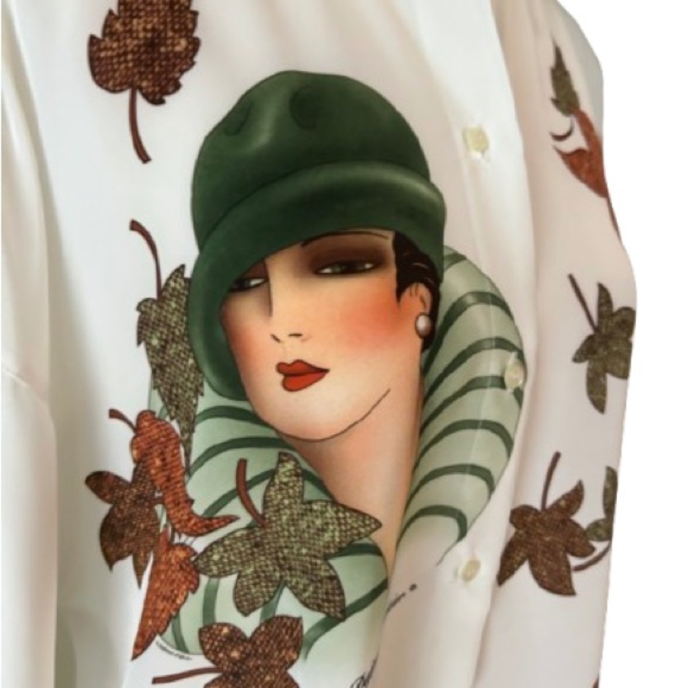 Stunning Autumn DEFENSE B’AFFICHER Blouse Leaf Medium Fall Shirt Top Vintage 90s - Picture 2 of 16